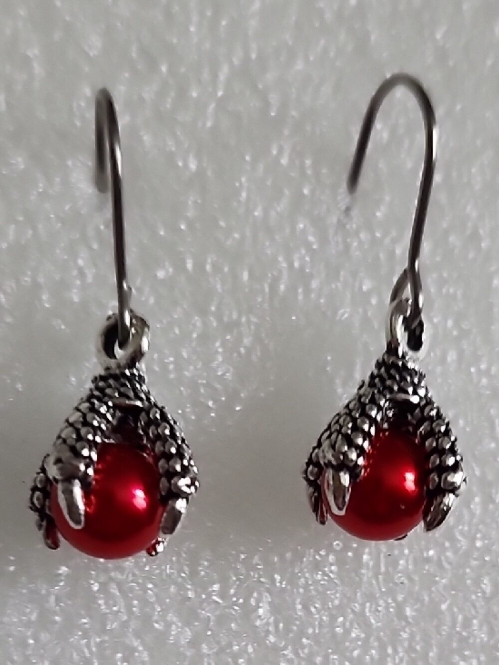 Red Pearl Drop Earrings with Silver Dragon Claw Setting